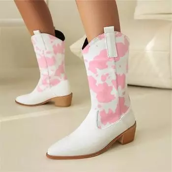 Женские ковбойские сапоги до середины икры, с круглым носком, на среднем каблуке, разноцветные сапоги в стиле вестерн, ковбойские сапоги, женская модная обувь, зима 43 34 чёрный