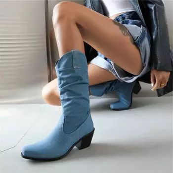 Женские ковбойские сапоги до середины икры с квадратным носком на толстом высоком каблуке, плиссированные сапоги в стиле вестерн, женская модная обувь, зимняя черная обувь 46 34 чёрный