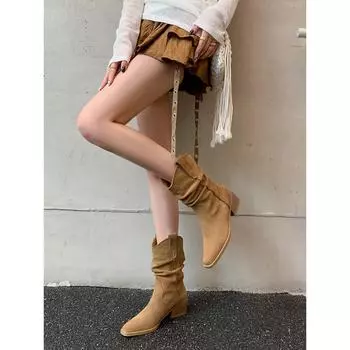 Женские ковбойские сапоги Frosted Western 2025 года, новые средние сапоги с рукавами и средним каблуком 35 коричневый