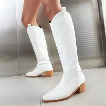 Женские ковбойские сапоги Gogo до колена с острым носком на толстом среднем каблуке и вышивкой, ботинки в стиле «ковбоя» в стиле вестерн, женская модная зимняя обувь 43 34 чёрный