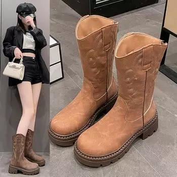 Женские ковбойские сапоги Maillard Street Shoot Embroidery, средние сапоги, модные ботинки Martin на платформе 35 светло-коричневого