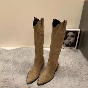 Женские ковбойские сапоги, модные женские элегантные длинные ботильоны без шнуровки на квадратном низком каблуке, зимняя женская обувь с острым носком 36 чёрный