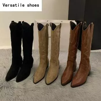 Женские ковбойские сапоги, модные женские элегантные длинные ботильоны без шнуровки на квадратном низком каблуке, зимняя женская обувь с острым носком 35