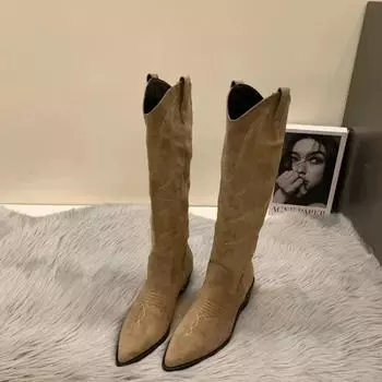 Женские ковбойские сапоги, модные женские элегантные длинные ботильоны без шнуровки на квадратном низком каблуке, зимняя женская обувь с острым носком 35 чёрный