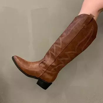 Женские ковбойские сапоги, модные женские элегантные сапоги до колена на квадратном низком каблуке без шнуровки, женская зимняя обувь 35