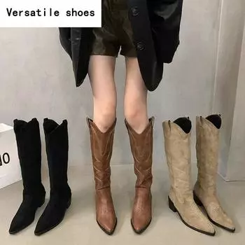 Женские ковбойские сапоги, модные женские элегантные сапоги до колена на квадратном низком каблуке без шнуровки, женская зимняя обувь 35