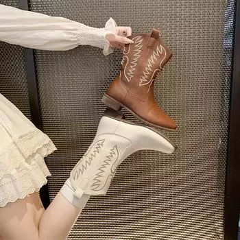 Женские ковбойские сапоги на массивном блочном каблуке, ковбойские сапоги с квадратным носком, широкие сапоги до середины голени, вышитые нескользящие ботинки на низком каблуке для женщин 35 коричневый