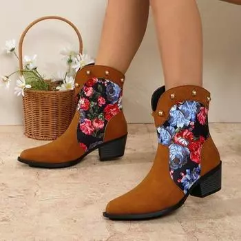 Женские ковбойские сапоги на низком каблуке, нескользящие, с острым носком, в стиле вестерн, с заклепками, женские короткие ботинки на толстом блочном каблуке 36 чёрный