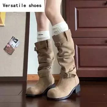 Женские ковбойские сапоги на платформе с толстым каблуком, модные длинные сапоги со складками и ворсом, женская обувь на осень-зиму 35