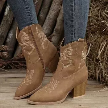 Женские ковбойские сапоги на толстом каблуке 2024 года, новый трендовый дизайн Totem, женские остроносые сапоги до середины икры, повседневные модные ботинки для активного отдыха 36 темно-коричневого