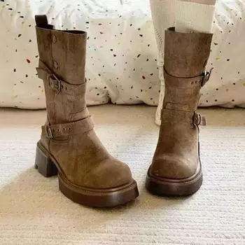 Женские ковбойские сапоги на толстом каблуке, короткие сапоги 35 хаки