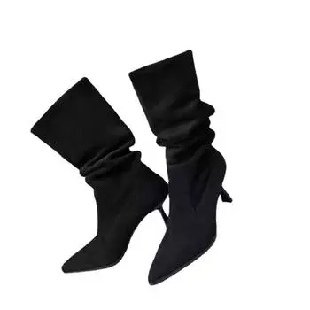 Женские ковбойские сапоги на высоком каблуке с плиссе, осенне-зимние, с острым носком, высокие сапоги до колена, женские сапоги в стиле вестерн на тонком каблуке 35 хаки