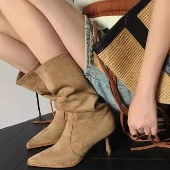 Женские ковбойские сапоги на высоком каблуке с плиссе, осенне-зимние, с острым носком, высокие сапоги до колена, женские сапоги в стиле вестерн на тонком каблуке 35 хаки