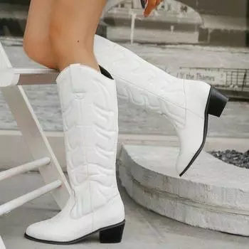 Женские ковбойские сапоги, нескользящие, до середины голени, ковбойские сапоги с вышивкой, с острым носком в стиле вестерн, с толстым блочным каблуком, широкие сапоги до колена для женщин 36 белый