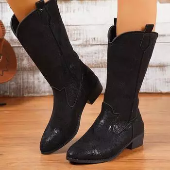 Женские ковбойские сапоги, нескользящие ковбойские сапоги до середины голени, черные, в стиле вестерн, с острым носком, на толстом блочном каблуке, с широким голени, для ходьбы, женские 36 чёрный