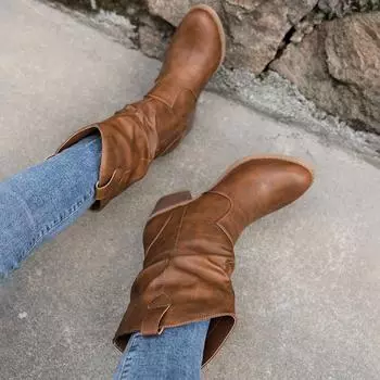 Женские ковбойские сапоги осень-зима плиссированные ковбойские сапоги женские большие размеры модная удобная обувь для женщин повседневные уличные сапоги 36 коричневый