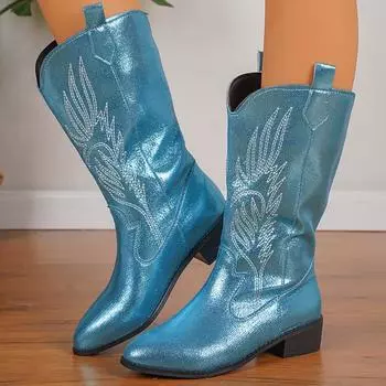 Женские ковбойские сапоги с нескользящей подошвой, ковбойские сапоги до середины голени, вышитые ботинки в стиле вестерн с острым носком и массивным блочным каблуком, женские широкие сапоги без застежек 36 светло-синий