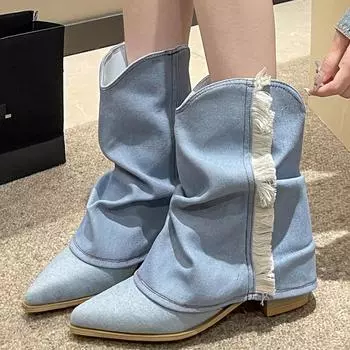 Женские ковбойские сапоги с острым носком, модные туфли до середины голени на среднем каблуке, дизайнерские зимние ботинки челси 2024 года, трендовые готические туфли 35 синий