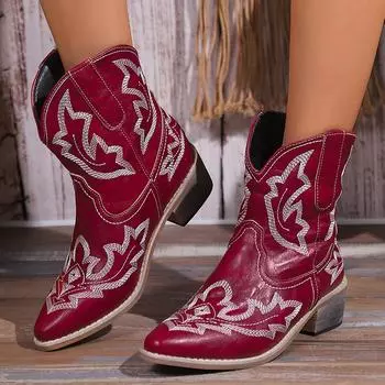 Женские ковбойские сапоги с острым носком, супер размер 43, сапоги в стиле вестерн на массивном каблуке с вышивкой, женские 2024, женские широкие ботильоны с V-образным вырезом 37 красный