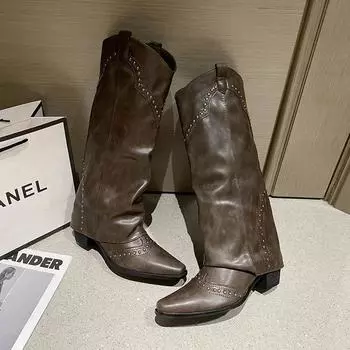 Женские ковбойские сапоги Slip On, модные элегантные женские сапоги на низком квадратном каблуке, зимняя женская обувь 35 коричневый