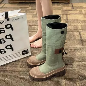 Женские ковбойские сапоги в стиле ретро, модные длинные ботильоны без шнуровки на толстом каблуке, осенне-зимняя женская джинсовая обувь Size 36(foot 23cm) светло-синий