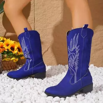 Женские ковбойские сапоги в стиле ретро, нескользящие ковбойские сапоги до середины голени, вышитые сапоги в стиле вестерн с острым носком, толстый блочный каблук, широкие сапоги без застежек для женщин 36 белый