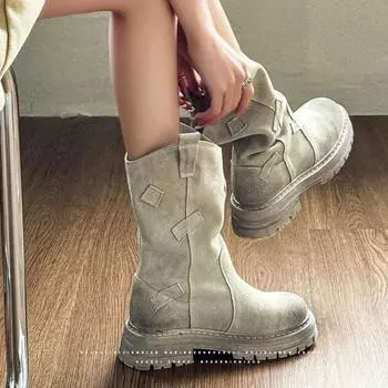 Женские ковбойские сапоги в стиле ретро, осенние, новые, до середины голени, с круглым носком, уличные, нескользящие, дизайнерские, ботильоны, балетки, Mujer Zapatos 35 серый