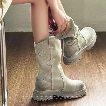 Женские ковбойские сапоги в стиле ретро, осенние, новые, до середины голени, с круглым носком, уличные, нескользящие, дизайнерские, ботильоны, балетки, Mujer Zapatos 37 серый
