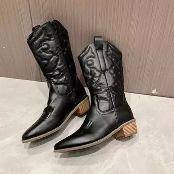 Женские ковбойские сапоги в стиле вестерн, ковбойские сапоги, высокие сапоги до колена с острым носком, на толстом каблуке, модные серебристые сапоги с вышивкой 36