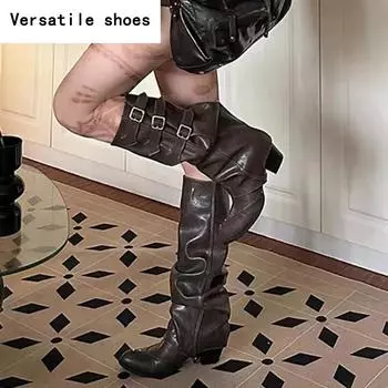 Женские ковбойские сапоги в стиле вестерн, модные длинные сапоги с острым носком, элегантные туфли на толстом каблуке, зимняя съемная женская обувь 35