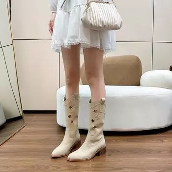 Женские ковбойские сапоги в стиле вестерн, новые осенние сапоги с толстым полым каблуком в стиле ретро, матовые, вышитые, средней высоты, дышащие сапоги 35 коричневый