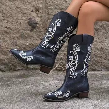 Женские ковбойские сапоги в стиле вестерн, осенне-зимние, с острым носком, на грубом каблуке, на среднем каблуке, но длиной до колена, с вышивкой, женские сапоги в стиле рыцарских сапог с V-образным вырезом 35 чёрный