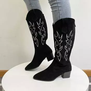 Женские ковбойские сапоги в стиле вестерн, остроносые женские туфли с принтом, сапоги до середины голени, зимние сапоги на толстом каблуке, танкетки, рыцарские сапоги Feminina 35 чёрный