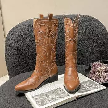 Женские ковбойские сапоги в стиле вестерн с вышивкой, осенние новые рыцарские сапоги до середины ноги на грубом каблуке, высокие сапоги 39 коричневый