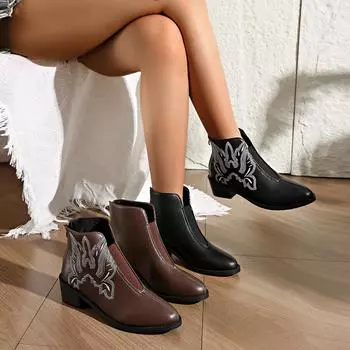 Женские ковбойские сапоги в стиле вестерн с вышивкой, острым носком, вырезом, ботильоны для ковбойши с молнией, женские короткие ботинки на толстом блочном каблуке 36 чёрный