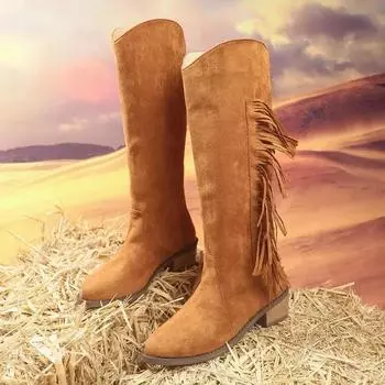 Женские ковбойские сапоги в стиле вестерн с острым носком, фирменные замшевые туфли с кисточками, удобные прогулочные ботинки на толстом каблуке до колена 36 коричневый