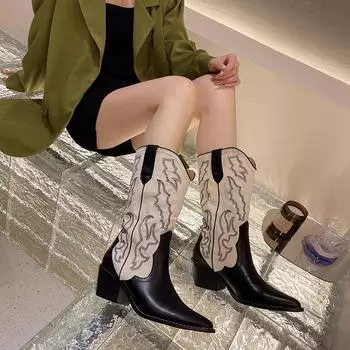 Женские ковбойские сапоги в стиле вестерн с вышитым носком, черные кожаные смешанные цвета, полусапоги, зимняя дизайнерская обувь 35 чёрный