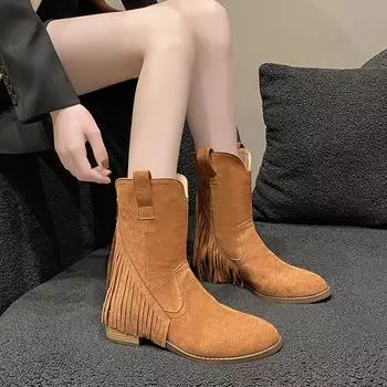 Женские ковбойские сапоги в стиле вестерн с кисточками, широкие ковбойские сапоги до середины голени с бахромой, с круглым носком, на толстом блочном каблуке, женские, осень-зима, надеваемые на ботильоны 35 чёрный