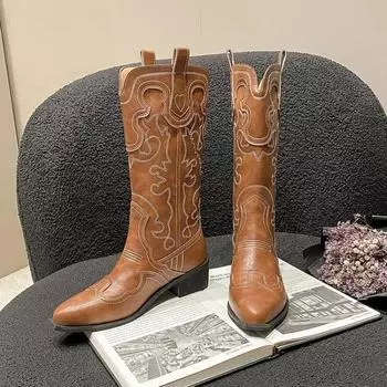 Женские ковбойские сапоги в стиле вестерн с вышивкой, осенние новые рыцарские сапоги до середины ноги на грубом каблуке, высокие сапоги 35