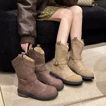 Женские ковбойские сапоги в стиле вестерн с пряжкой на ремне, круглым носком и молнией сзади, женские туфли из однотонной кожи, новые туфли на платформе ретро-бренда 35