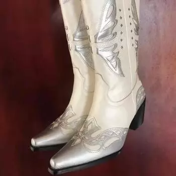 Женские ковбойские сапоги в стиле вестерн, высокие сапоги до колена, модные туфли с острым носком и блочным каблуком-бабочкой, осень-зима 35 белый