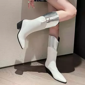 Женские ковбойские сапоги в стиле вестерн, зимние женские сапоги до колена, на танкетке, золотисто-серебряные, повседневные, дизайнерские туфли 45 6