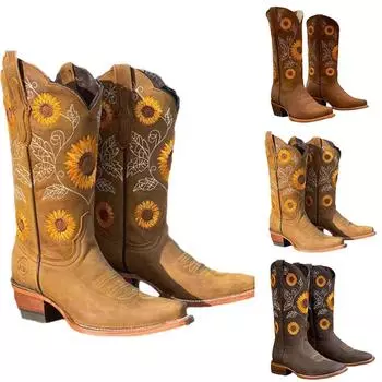Женские ковбойские сапоги в западном стиле на низком массивном каблуке, повседневная обувь до середины икры с вышивкой подсолнечника 40 темно-коричневого