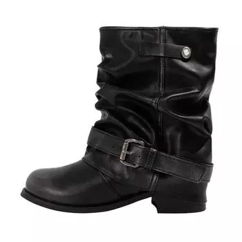 Женские ковбойские сапоги в западном стиле, осенние новинки, круглый носок, металлическая пряжка на ремне, плиссированные, винтажный блочный каблук, короткие сапоги 35 чёрный