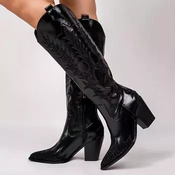 Женские ковбойские сапоги в западном стиле, расшитые стразами, горячо продаваемые новые ковбойские сапоги в стиле ретро на толстом каблуке, сапоги сапоги 36 чёрный
