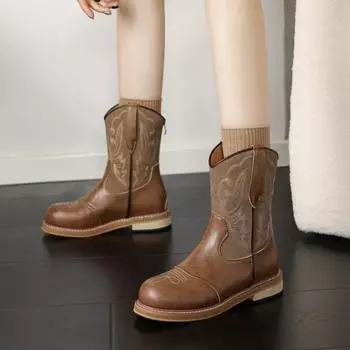 Женские ковбойские сапоги, вышитые сапоги до середины голени, сетчатая подкладка, удобные женские сапоги с круглым носком в стиле ретро в стиле вестерн для женщин 35