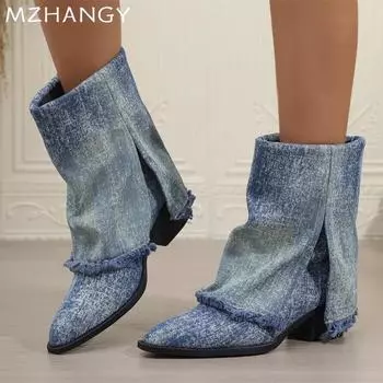 Женские ковбойские высокие сапоги с острым носком, зимние дизайнерские туфли на толстой подошве до середины голени, женские зимние сапоги 2024 года, готические женские ботинки 36 чёрный