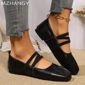 Женские кожаные балетки для танцев с плоским квадратным носком, женские туфли на плоской подошве, тренд 2025 года, элегантная осенняя обувь Zapatillas Mujer 35 чёрный