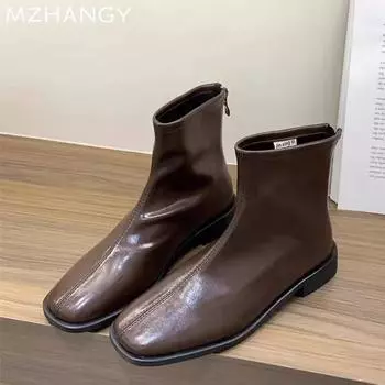 Женские кожаные ботильоны, элегантные массивные туфли, женская тенденция 2025 года, модные зимние новые зимние низкие каблуки, мотоциклетные ботинки Mujer Botas 35
