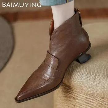 Женские кожаные ботильоны, элегантные туфли с острым носком и средним каблуком, тренд 2025 года, новые туфли-лодочки, готические дизайнерские зимние туфли Botas De Mujer 34